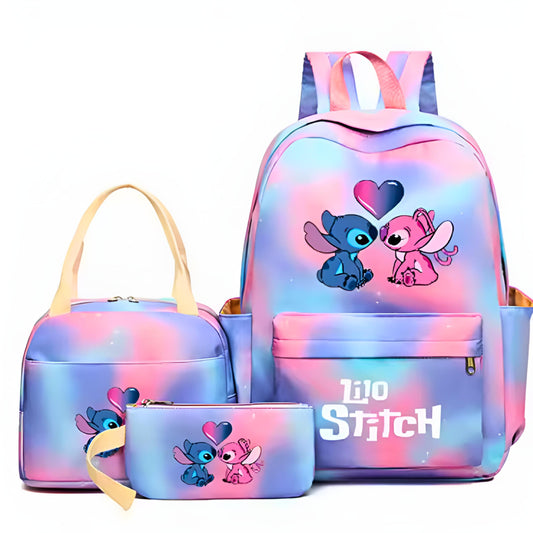 Conjunto 3 Peças Mochila Lilo & Stitch | Mochila Escolar Infantil e Adolescente + Bolsa de Almoço + Estojo